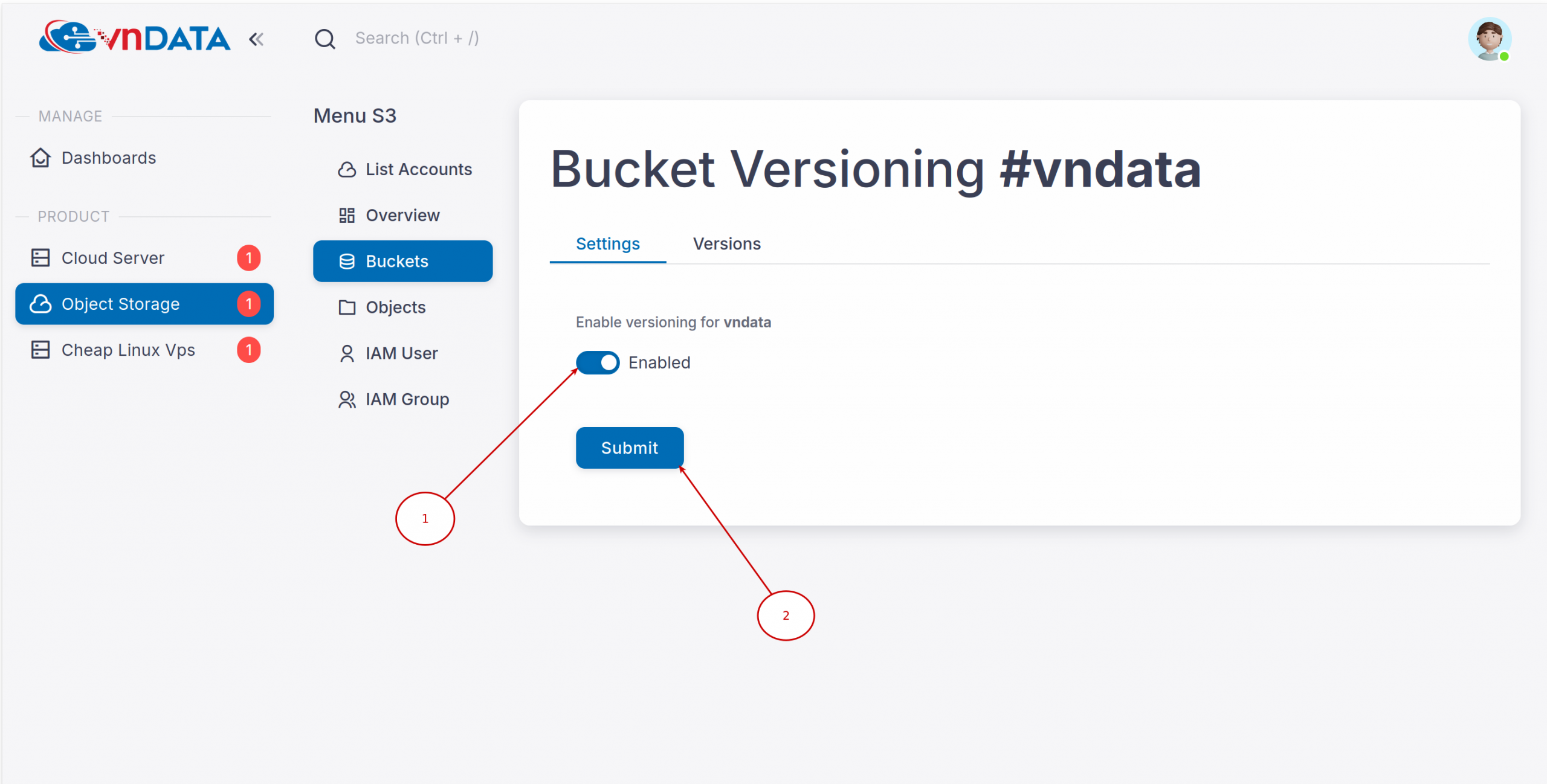 Bật tính năng Bucket Versioning.