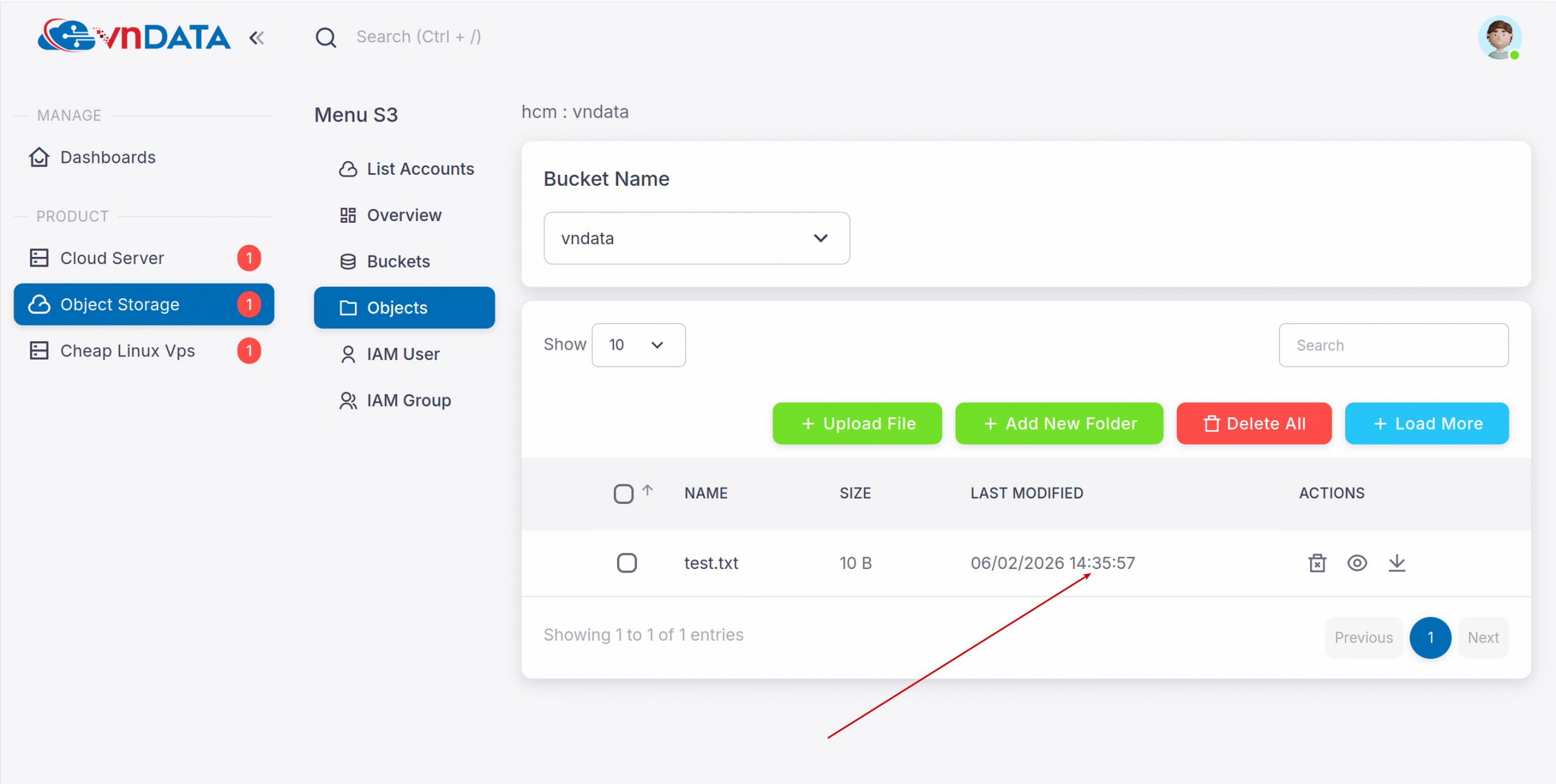 Upload một file text (test.txt) với nội dung abcdefgh.