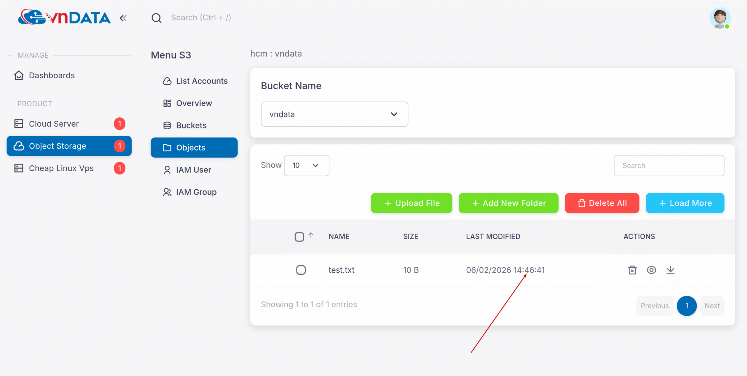 Sửa file test.txt thành nội dung 12345678 và upload lên lại chính bucket đó.