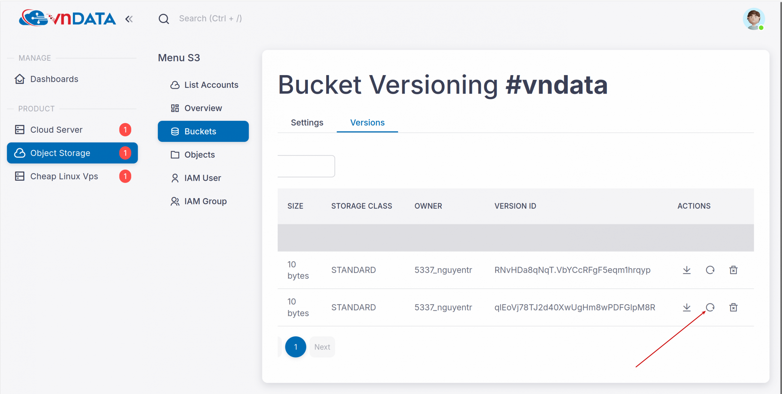 Restore file test.txt ở bản cũ bằng cách chọn Previous.