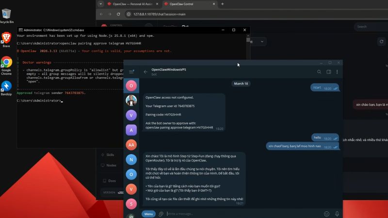 Kiểm tra của sổ trên giao giao diện Telegram