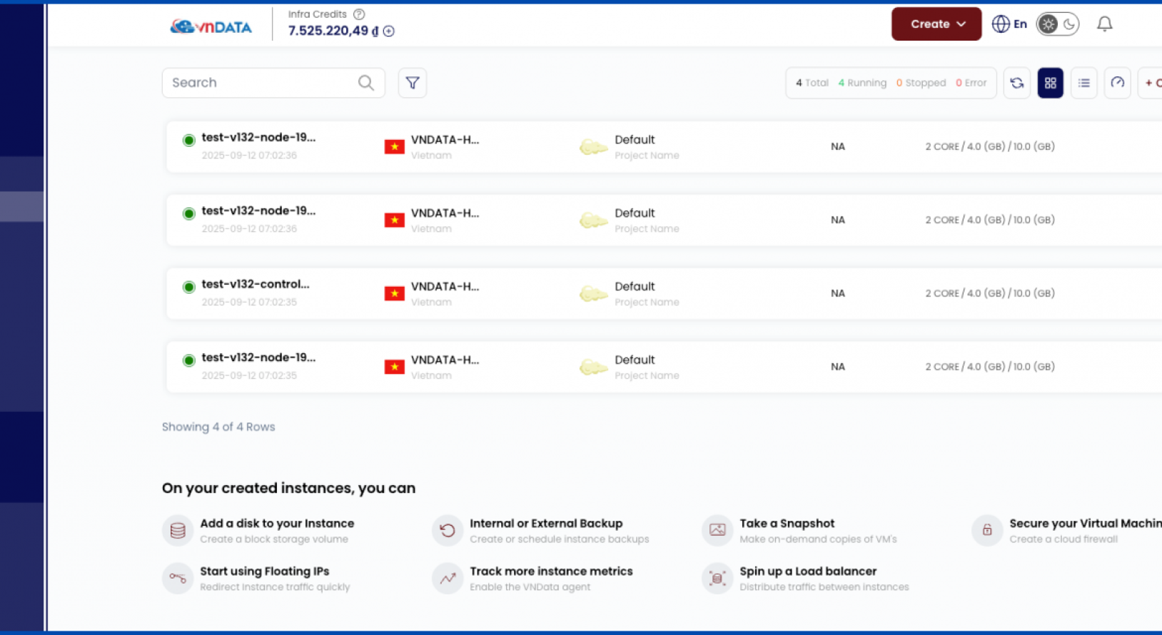 Giao diện quản lý máy ảo (instance/VM)